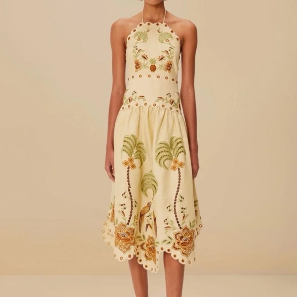 FARM RIO Delicate Forest Sand Richelieu Embroidered Midi Dress Size XS - Picture 3 of 9
